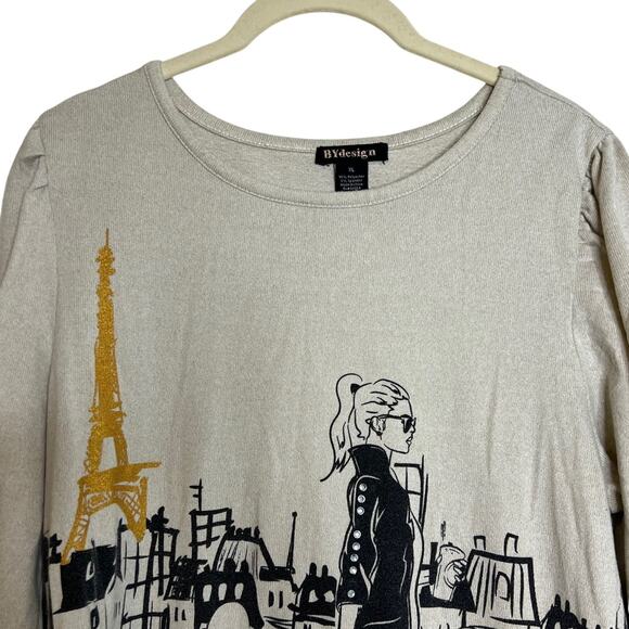 ByDesign Lightweight Sweater Womens XL Beige Paris Cityscape 3/4 Sleeve Top - Picture 2 of 7